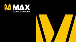Logotipo de MAX Lawn & Garden con isotipo en amarillo y tipografía blanca sobre un fondo dividido en negro y amarillo.