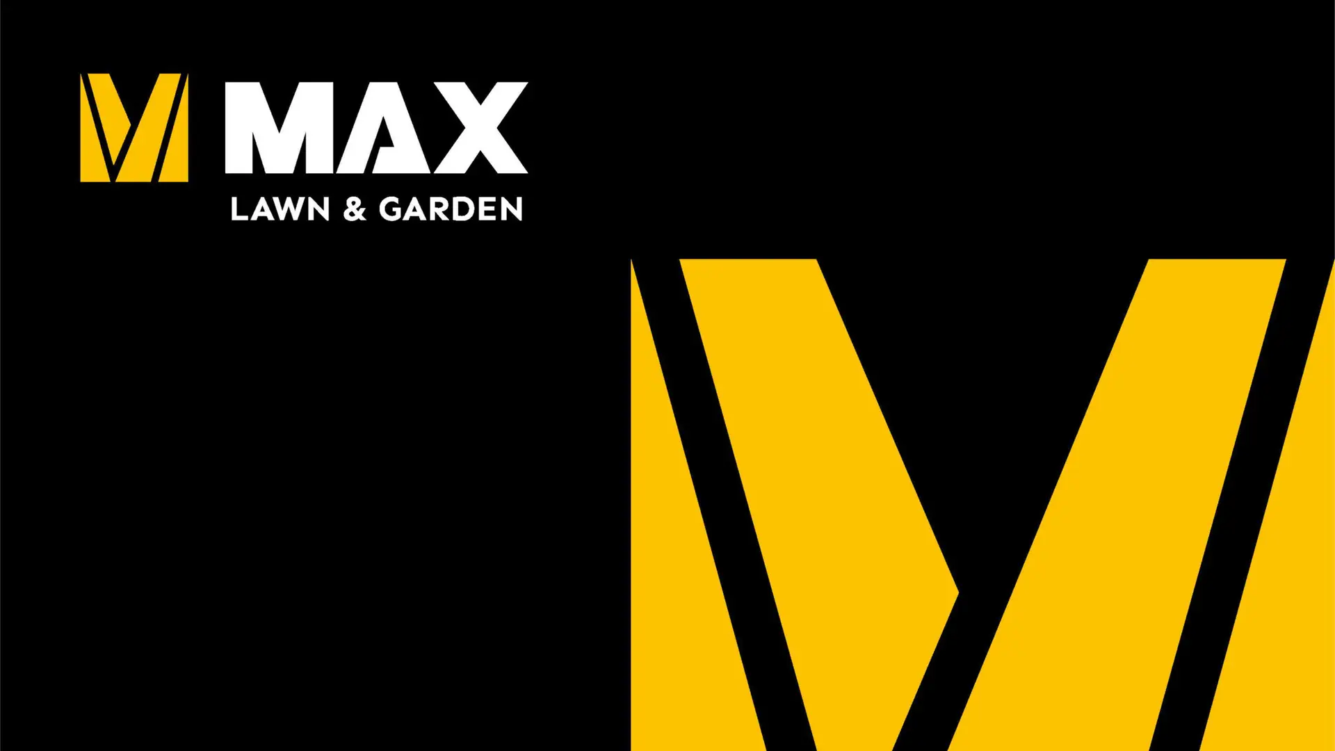 Logotipo de MAX Lawn & Garden con isotipo en amarillo y tipografía blanca sobre un fondo dividido en negro y amarillo.