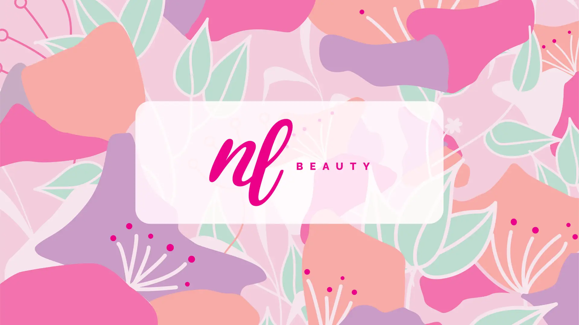 Logotipo de nl BEAUTY en color fucsia centrado sobre un fondo de patrón floral orgánico en tonos rosa, lila y coral.